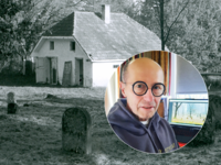 Historisches Foto vom jüdischen Friedhof im Hintergrund und Portrait von Johannes Reiss